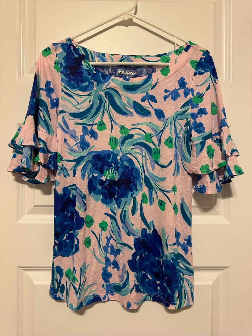 Lilly Pulitzer Pink Floral Ruffle Sleeve Top with Blue & Green Print